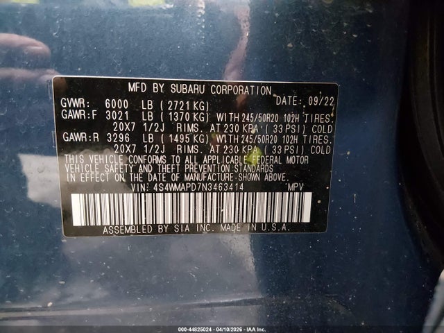 Aukcja sprzedaży 2022 Subaru Ascent Limited, vin: 4S4WMAPD7N3463414, numer aukcji: 44825024