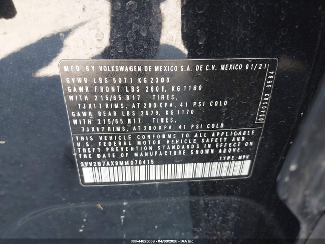 44825038 :رقم المزاد ، 3VV2B7AX9MM070415 vin ، 2021 Volkswagen Tiguan 2.0t Se/2.0t Se R-line Black/2.0t Sel مزاد بيع