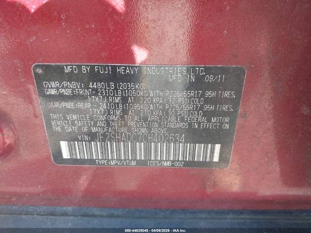 44825045 :رقم المزاد ، JF2SHADC7CH402634 vin ، 2012 Subaru Forester 2.5x Premium مزاد بيع