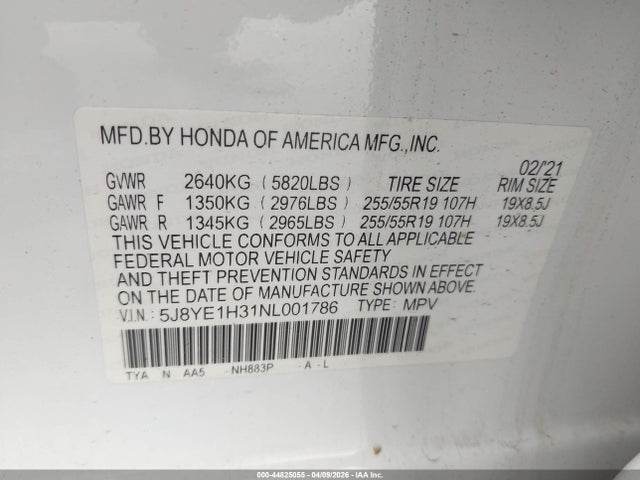 5J8YE1H31NL001786 Acura Mdx Standard