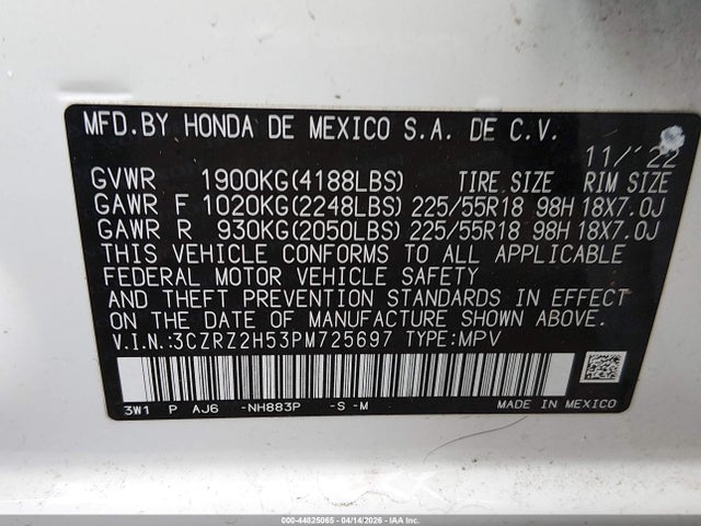3CZRZ2H53PM725697 Honda Hr-v Awd Sport