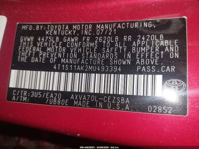 44825081 :رقم المزاد ، 4T1S11AK2MU493394 vin ، 2021 Toyota Camry Se مزاد بيع