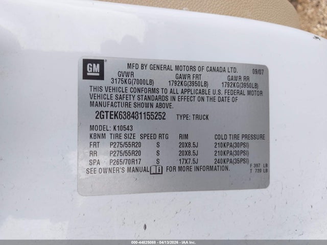 Aukcja sprzedaży 2008 Gmc Sierra 1500 Denali, vin: 2GTEK638481155252, numer aukcji: 44825088