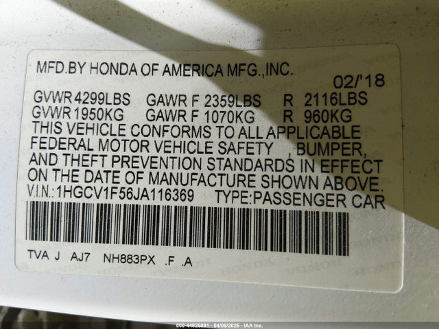 Aukcja sprzedaży 2018 Honda Accord Ex-l, vin: 1HGCV1F56JA116369, numer aukcji: 44825091