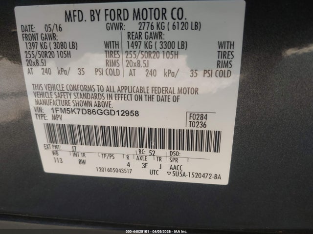 Aukcja sprzedaży 2016 Ford Explorer Xlt, vin: 1FM5K7D86GGD12958, numer aukcji: 44825101