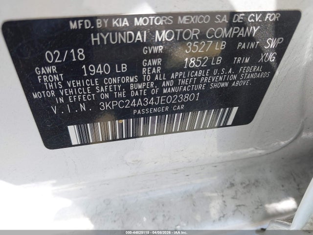 Aukcja sprzedaży 2018 Hyundai Accent Se, vin: 3KPC24A34JE023801, numer aukcji: 44825115