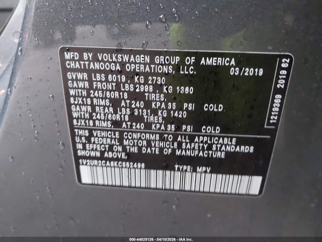 Продажа на аукционе авто 2019 Volkswagen Atlas 3.6l V6 Se W/technology, vin: 1V2UR2CA8KC552496, номер лота: 44825126