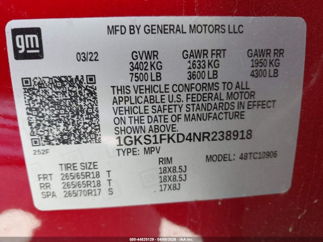 Продажа на аукционе авто 2022 Gmc Yukon Xl 2wd Sle, vin: 1GKS1FKD4NR238918, номер лота: 44825129
