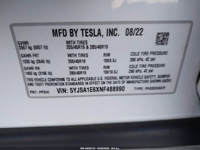 2022 Tesla Model S Plaid მანქანა იყიდება აუქციონზე, vin: 5YJSA1E6XNF488990, აუქციონის ნომერი: 44825132