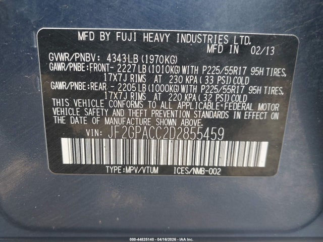 2013 Subaru Xv Crosstrek 2.0i Premium მანქანა იყიდება აუქციონზე, vin: JF2GPACC2D2855459, აუქციონის ნომერი: 44825140