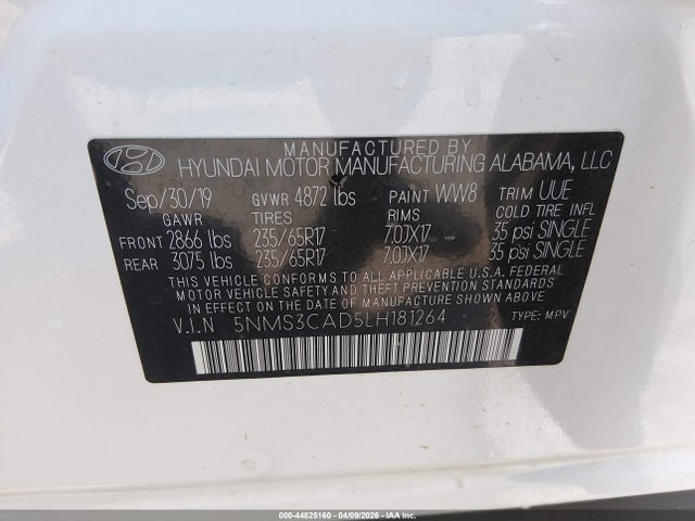 44825160 :رقم المزاد ، 5NMS3CAD5LH181264 vin ، 2020 Hyundai Santa Fe Sel مزاد بيع