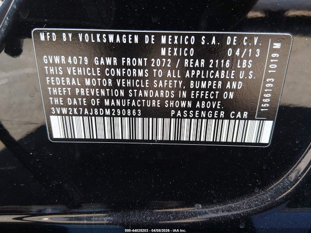Продаж на аукціоні авто 2013 Volkswagen Jetta 2.0l S, vin: 3VW2K7AJ8DM290863, номер лоту: 44825203