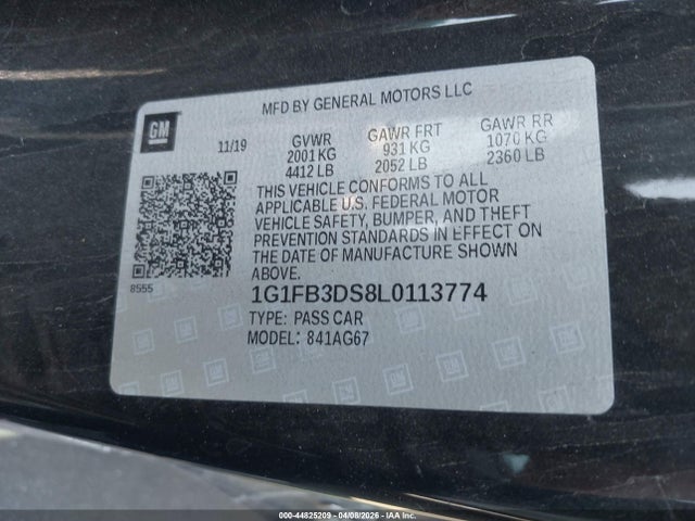 2020 Chevrolet Camaro Rwd  1lt მანქანა იყიდება აუქციონზე, vin: 1G1FB3DS8L0113774, აუქციონის ნომერი: 44825209