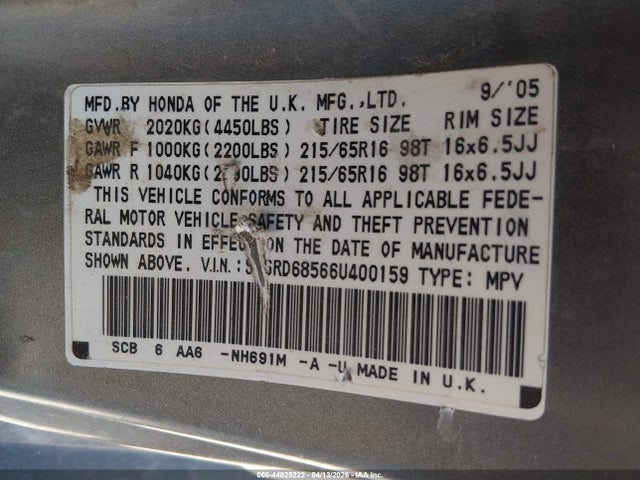Aukcja sprzedaży 2006 Honda Cr-v Lx, vin: SHSRD68566U400159, numer aukcji: 44825222