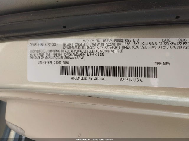 2007 Subaru Outback 2.5i Basic მანქანა იყიდება აუქციონზე, vin: 4S4BP61C476312955, აუქციონის ნომერი: 44825240