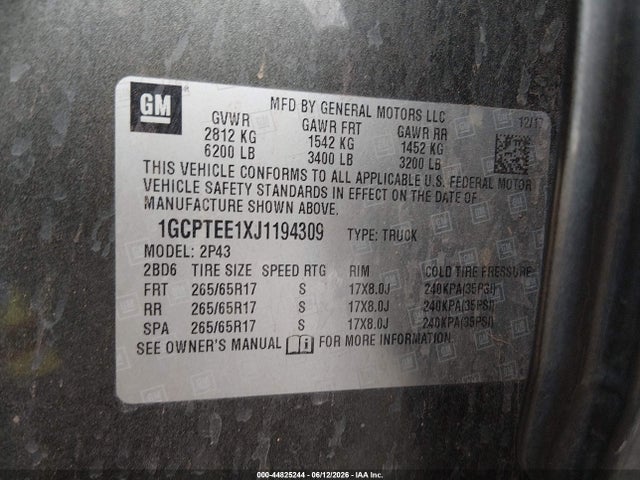 Aukcja sprzedaży 2018 Chevrolet Colorado Zr2, vin: 1GCPTEE1XJ1194309, numer aukcji: 44825244