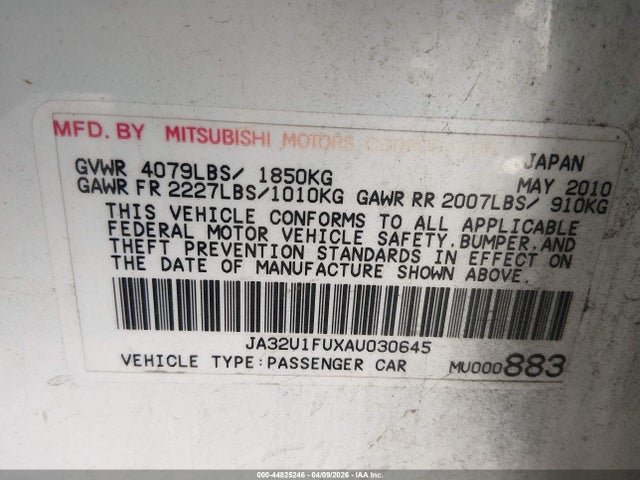 Aukcja sprzedaży 2010 Mitsubishi Lancer De, vin: JA32U1FUXAU030645, numer aukcji: 44825246