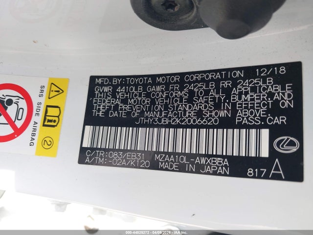 44825272 :رقم المزاد ، JTHY3JBH2K2006620 vin ، 2019 Lexus Ux 200 F Sport مزاد بيع
