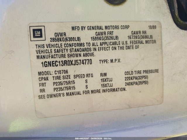 44825287 :رقم المزاد ، 1GNEC13R0XJ574770 vin ، 1999 Chevrolet Tahoe Lt مزاد بيع