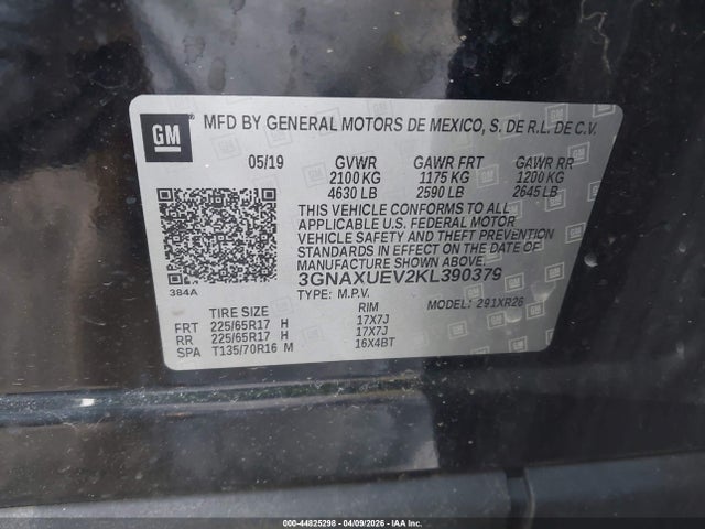 2019 Chevrolet Equinox Lt მანქანა იყიდება აუქციონზე, vin: 3GNAXUEV2KL390379, აუქციონის ნომერი: 44825298