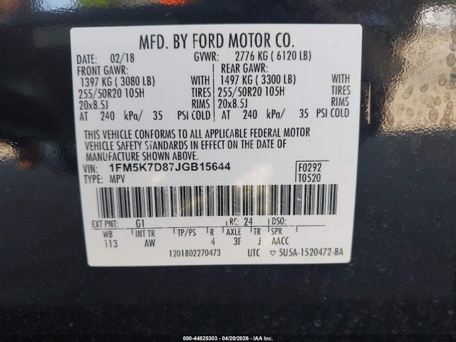 44825303 :رقم المزاد ، 1FM5K7D87JGB15644 vin ، 2018 Ford Explorer Xlt مزاد بيع