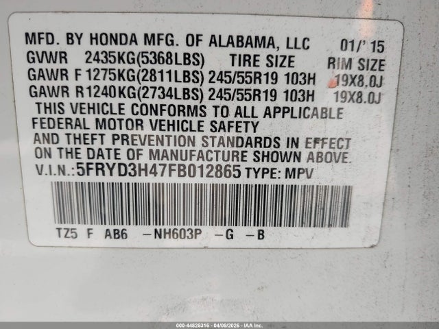 Aukcja sprzedaży 2015 Acura Mdx Technology Package, vin: 5FRYD3H47FB012865, numer aukcji: 44825316