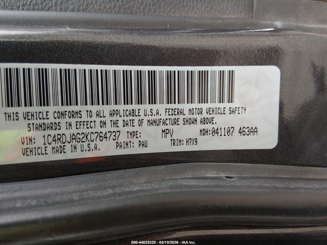 Aukcja sprzedaży 2019 Dodge Durango Sxt Awd, vin: 1C4RDJAG2KC764737, numer aukcji: 44825320
