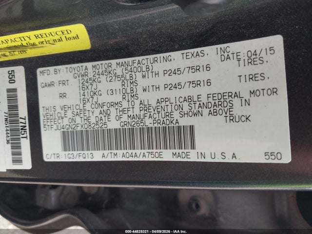 44825321 :رقم المزاد ، 5TFJU4GN2FX082525 vin ، 2015 Toyota Tacoma Prerunner V6 مزاد بيع