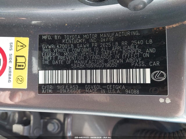 Aukcja sprzedaży 2016 Lexus Es 350, vin: 58ABK1GG9GU019052, numer aukcji: 44825323