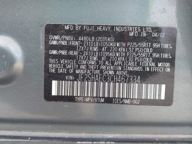 Aukcja sprzedaży 2012 Subaru Forester 2.5x Limited, vin: JF2SHAEC3CH467334, numer aukcji: 44825338