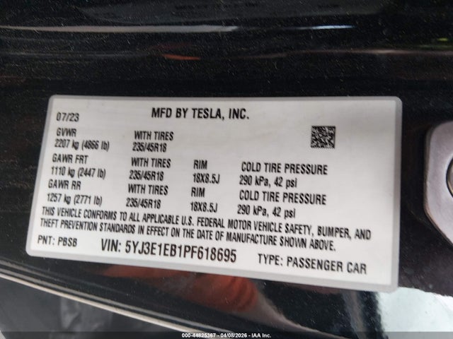Продаж на аукціоні авто 2023 Tesla Model 3 Long Range Dual Motor All-wheel Drive, vin: 5YJ3E1EB1PF618695, номер лоту: 44825367