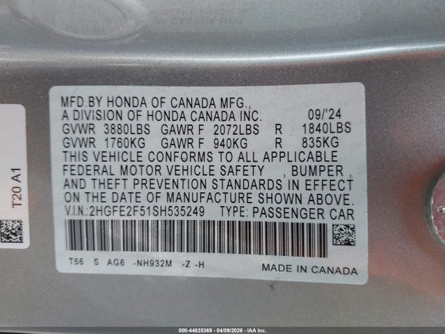Aukcja sprzedaży 2025 Honda Civic Sport, vin: 2HGFE2F51SH535249, numer aukcji: 44825369