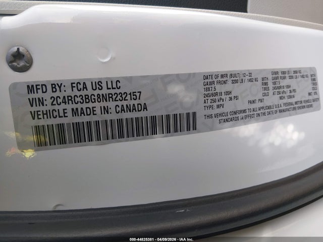 Продаж на аукціоні авто 2022 Chrysler Pacifica Touring L Awd, vin: 2C4RC3BG8NR232157, номер лоту: 44825381