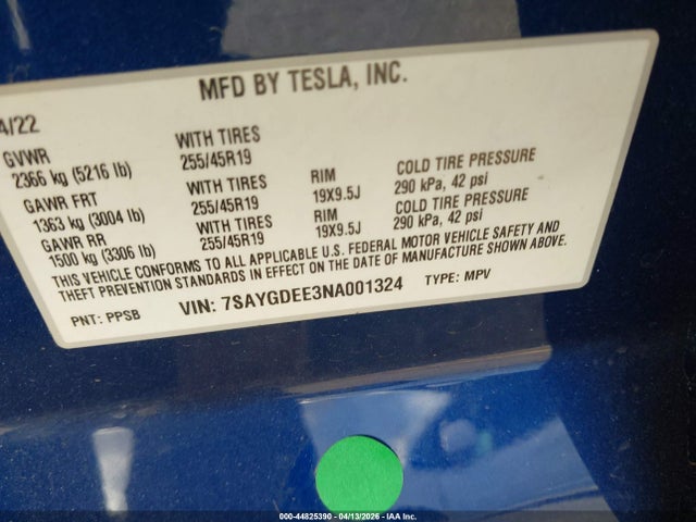 Продажа на аукционе авто 2022 Tesla Model Y Long Range Dual Motor All-wheel Drive, vin: 7SAYGDEE3NA001324, номер лота: 44825390