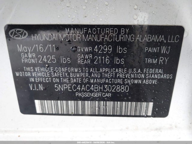 2011 Hyundai Sonata Se მანქანა იყიდება აუქციონზე, vin: 5NPEC4AC4BH302880, აუქციონის ნომერი: 44825410