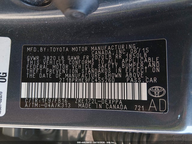 Продажа на аукционе авто 2015 Toyota Corolla Le Eco Plus, vin: 2T1BPRHE9FC455260, номер лота: 44825413