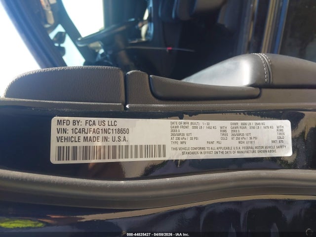 Aukcja sprzedaży 2022 Jeep Grand Cherokee Wk Laredo X 4x4, vin: 1C4RJFAG1NC118650, numer aukcji: 44825427