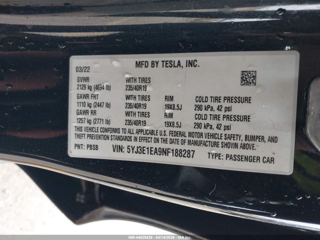 Aukcja sprzedaży 2022 Tesla Model 3 Rear-wheel Drive, vin: 5YJ3E1EA9NF188287, numer aukcji: 44825429