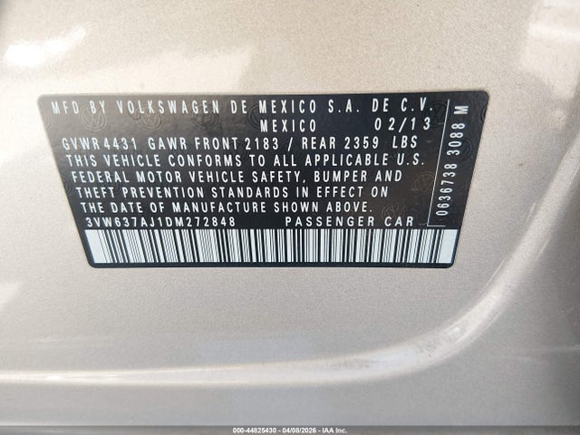 Продажа на аукционе авто 2013 Volkswagen Jetta Hybrid Sel Premium, vin: 3VW637AJ1DM272848, номер лота: 44825430