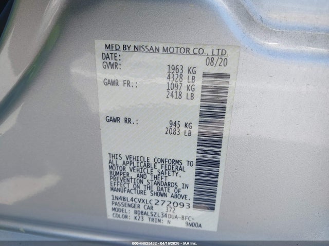 Aukcja sprzedaży 2020 Nissan Altima Sr Fwd, vin: 1N4BL4CVXLC272093, numer aukcji: 44825432