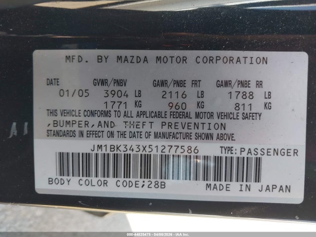 44825475 :رقم المزاد ، JM1BK343X51277586 vin ، 2005 Mazda Mazda3 Sp23 مزاد بيع