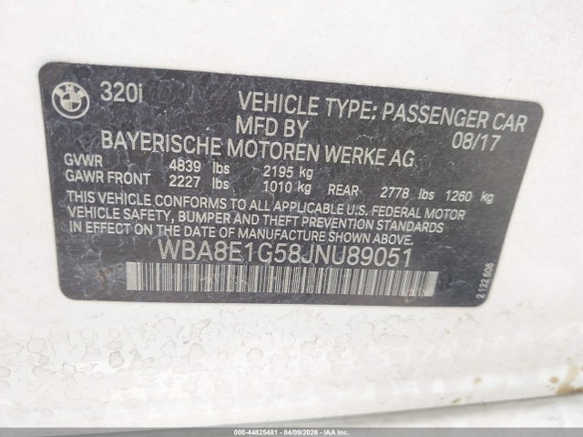 Aukcja sprzedaży 2018 Bmw 320i, vin: WBA8E1G58JNU89051, numer aukcji: 44825481