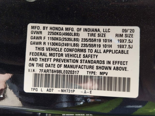 Aukcja sprzedaży 2020 Honda Cr-v Hybrid Touring, vin: 7FART6H98LE020317, numer aukcji: 44825484