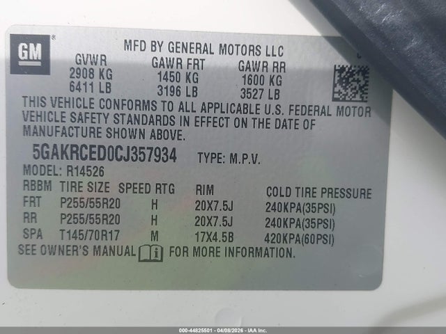 Aukcja sprzedaży 2012 Buick Enclave Leather, vin: 5GAKRCED0CJ357934, numer aukcji: 44825501