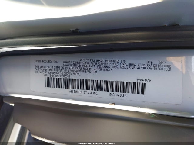 2008 Subaru Outback 2.5i Limited/2.5i Limited L.l. Bean Edition მანქანა იყიდება აუქციონზე, vin: 4S4BP62C687316516, აუქციონის ნომერი: 44825523