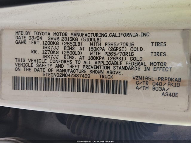 2004 TOYOTA TACOMA 5TEGN92N04Z387409 Photo 8