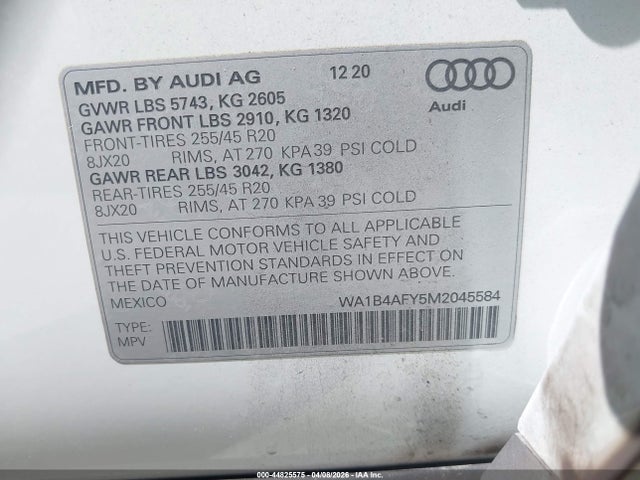 2021 Audi Sq5 Premium Plus Tfsi Quattro Tiptronic მანქანა იყიდება აუქციონზე, vin: WA1B4AFY5M2045584, აუქციონის ნომერი: 44825575
