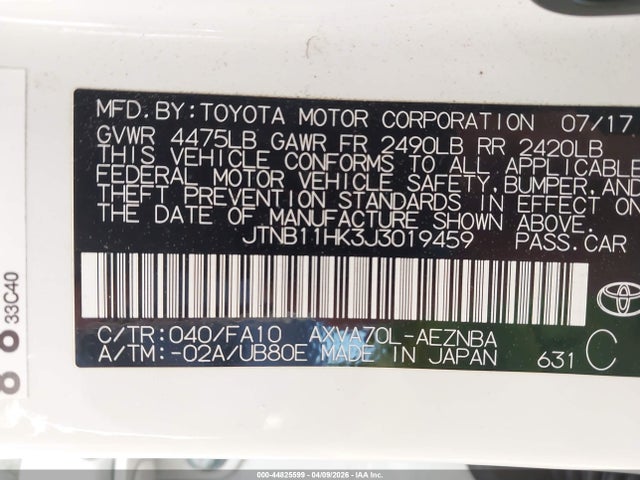 44825599 :رقم المزاد ، JTNB11HK3J3019459 vin ، 2018 Toyota Camry Le مزاد بيع