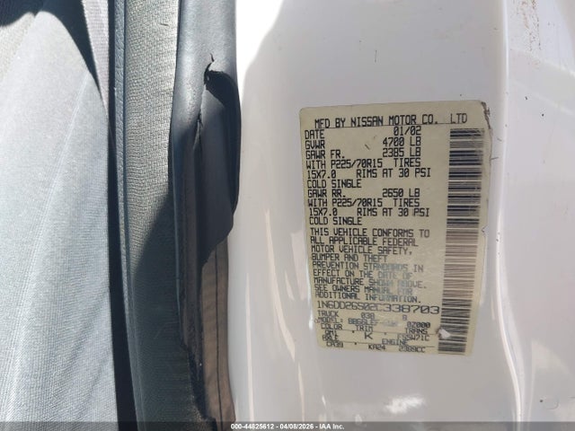 44825612 :رقم المزاد ، 1N6DD26S02C338703 vin ، 2002 Nissan Frontier Xe مزاد بيع