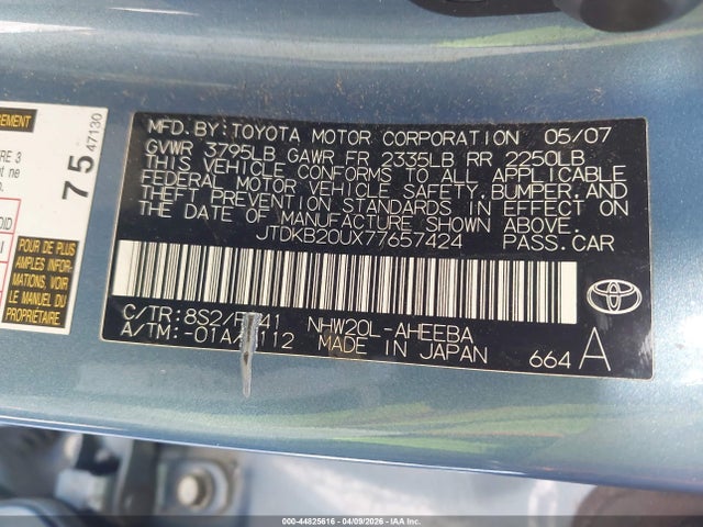 2007 Toyota Prius მანქანა იყიდება აუქციონზე, vin: JTDKB20UX77657424, აუქციონის ნომერი: 44825616